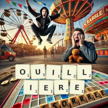 Illustration créative d'un jeu de lettres avec le mot OUILLIERE épelé sur le plateau.