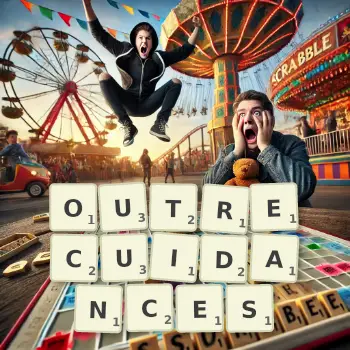 Illustration créative d'un jeu de lettres avec le mot OUTRECUIDANCES épelé sur le plateau.