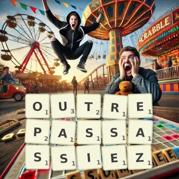 Illustration créative d'un jeu de lettres avec le mot OUTREPASSASSIEZ épelé sur le plateau.