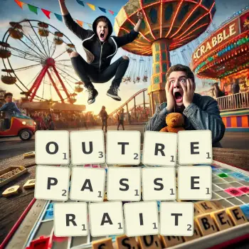 Illustration créative d'un jeu de lettres avec le mot OUTREPASSERAIT épelé sur le plateau.