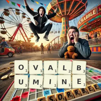 Illustration créative d'un jeu de lettres avec le mot OVALBUMINE épelé sur le plateau.