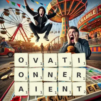 Illustration créative d'un jeu de lettres avec le mot OVATIONNERAIENT épelé sur le plateau.