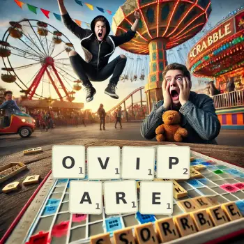 Illustration créative d'un jeu de lettres avec le mot OVIPARE épelé sur le plateau.