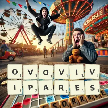 Illustration créative d'un jeu de lettres avec le mot OVOVIVIPARES épelé sur le plateau.