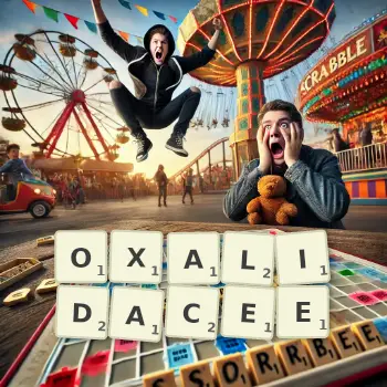 Illustration créative d'un jeu de lettres avec le mot OXALIDACEE épelé sur le plateau.