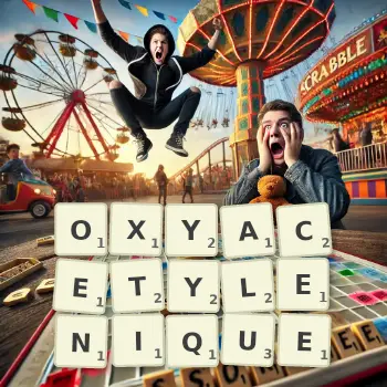 Illustration créative d'un jeu de lettres avec le mot OXYACETYLENIQUE épelé sur le plateau.