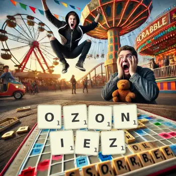 Illustration créative d'un jeu de lettres avec le mot OZONIEZ épelé sur le plateau.