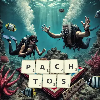 Illustration créative d'un jeu de lettres avec le mot PACHTOS épelé sur le plateau.