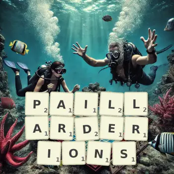 Illustration créative d'un jeu de lettres avec le mot PAILLARDERIONS épelé sur le plateau.
