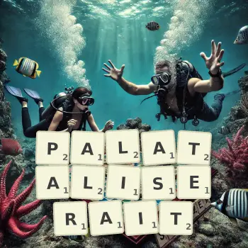 Illustration créative d'un jeu de lettres avec le mot PALATALISERAIT épelé sur le plateau.