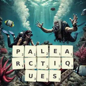 Illustration créative d'un jeu de lettres avec le mot PALEARCTIQUES épelé sur le plateau.