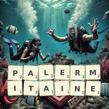 Illustration créative d'un jeu de lettres avec le mot PALERMITAINE épelé sur le plateau.