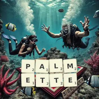 Illustration créative d'un jeu de lettres avec le mot PALMETTE épelé sur le plateau.