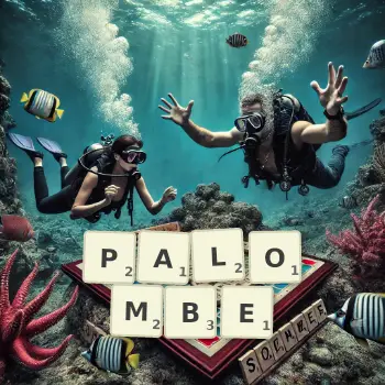 Illustration créative d'un jeu de lettres avec le mot PALOMBE épelé sur le plateau.