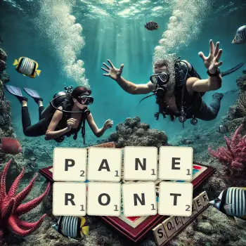 Illustration créative d'un jeu de lettres avec le mot PANERONT épelé sur le plateau.