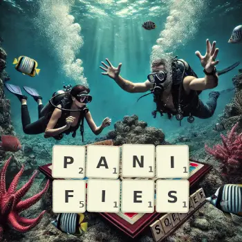 Illustration créative d'un jeu de lettres avec le mot PANIFIES épelé sur le plateau.