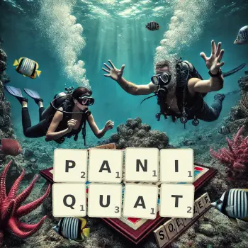 Illustration créative d'un jeu de lettres avec le mot PANIQUAT épelé sur le plateau.