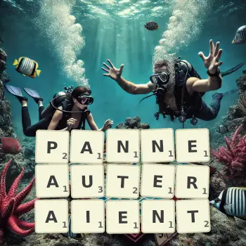 Illustration créative d'un jeu de lettres avec le mot PANNEAUTERAIENT épelé sur le plateau.