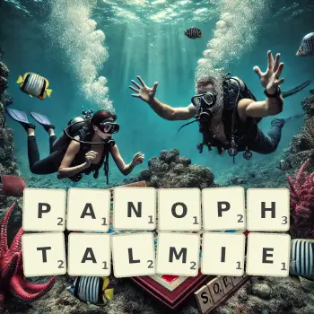 Illustration créative d'un jeu de lettres avec le mot PANOPHTALMIE épelé sur le plateau.