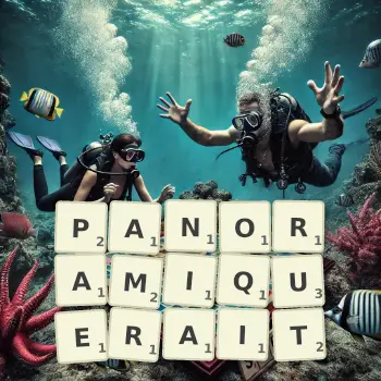 Illustration créative d'un jeu de lettres avec le mot PANORAMIQUERAIT épelé sur le plateau.