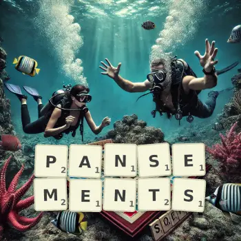 Illustration créative d'un jeu de lettres avec le mot PANSEMENTS épelé sur le plateau.