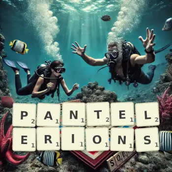 Illustration créative d'un jeu de lettres avec le mot PANTELERIONS épelé sur le plateau.