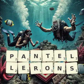 Illustration créative d'un jeu de lettres avec le mot PANTELLERONS épelé sur le plateau.