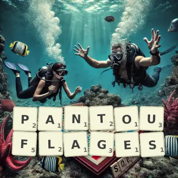 Illustration créative d'un jeu de lettres avec le mot PANTOUFLAGES épelé sur le plateau.