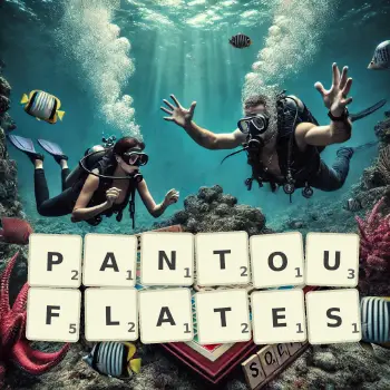 Illustration créative d'un jeu de lettres avec le mot PANTOUFLATES épelé sur le plateau.