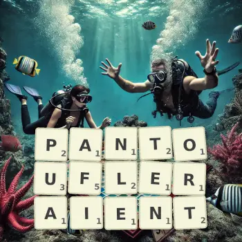 Illustration créative d'un jeu de lettres avec le mot PANTOUFLERAIENT épelé sur le plateau.