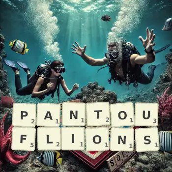 Illustration créative d'un jeu de lettres avec le mot PANTOUFLIONS épelé sur le plateau.