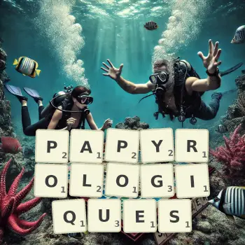 Illustration créative d'un jeu de lettres avec le mot PAPYROLOGIQUES épelé sur le plateau.