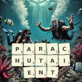 Illustration créative d'un jeu de lettres avec le mot PARACHUTAIENT épelé sur le plateau.