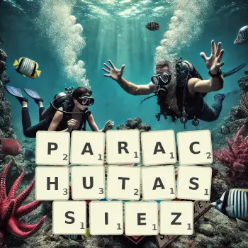 Illustration créative d'un jeu de lettres avec le mot PARACHUTASSIEZ épelé sur le plateau.
