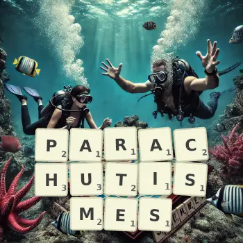 Illustration créative d'un jeu de lettres avec le mot PARACHUTISMES épelé sur le plateau.