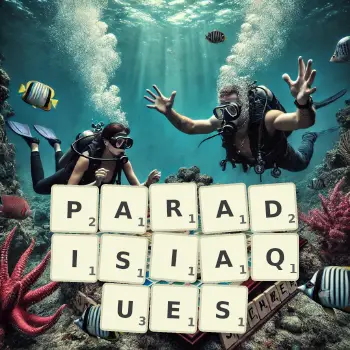 Illustration créative d'un jeu de lettres avec le mot PARADISIAQUES épelé sur le plateau.
