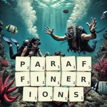 Illustration créative d'un jeu de lettres avec le mot PARAFFINERIONS épelé sur le plateau.