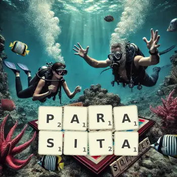 Illustration créative d'un jeu de lettres avec le mot PARASITA épelé sur le plateau.