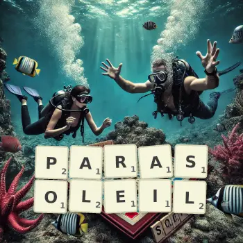 Illustration créative d'un jeu de lettres avec le mot PARASOLEIL épelé sur le plateau.