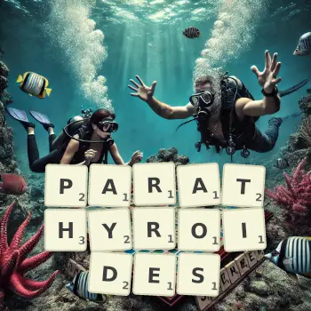 Illustration créative d'un jeu de lettres avec le mot PARATHYROIDES épelé sur le plateau.