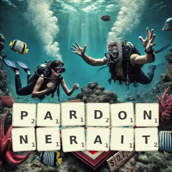 Illustration créative d'un jeu de lettres avec le mot PARDONNERAIT épelé sur le plateau.