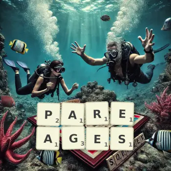 Illustration créative d'un jeu de lettres avec le mot PAREAGES épelé sur le plateau.