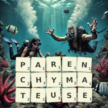 Illustration créative d'un jeu de lettres avec le mot PARENCHYMATEUSE épelé sur le plateau.