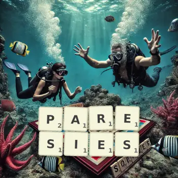 Illustration créative d'un jeu de lettres avec le mot PARESIES épelé sur le plateau.