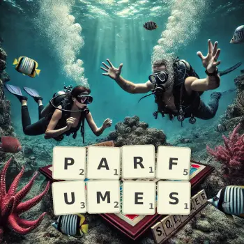 Illustration créative d'un jeu de lettres avec le mot PARFUMES épelé sur le plateau.