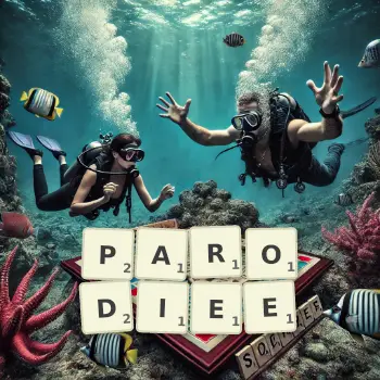 Illustration créative d'un jeu de lettres avec le mot PARODIEE épelé sur le plateau.