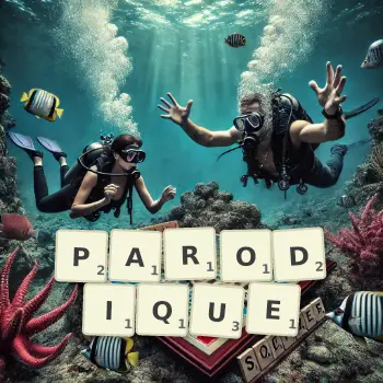 Illustration créative d'un jeu de lettres avec le mot PARODIQUE épelé sur le plateau.