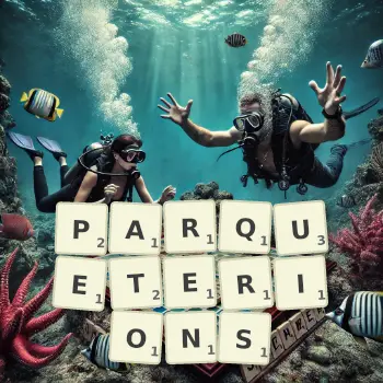 Illustration créative d'un jeu de lettres avec le mot PARQUETERIONS épelé sur le plateau.