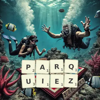 Illustration créative d'un jeu de lettres avec le mot PARQUIEZ épelé sur le plateau.