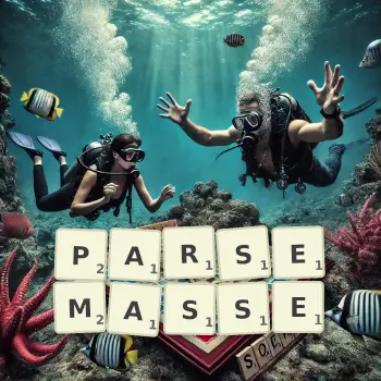Illustration créative d'un jeu de lettres avec le mot PARSEMASSE épelé sur le plateau.